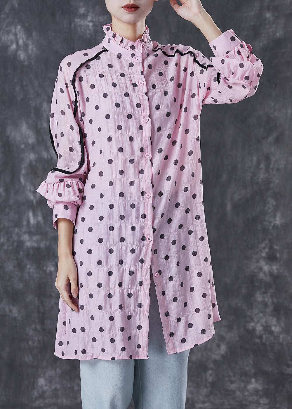 Organic Pink Ruffled Collar Print Cotton Shirt Dress Spring