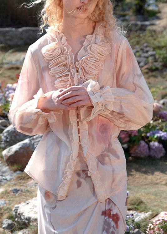 Organic Pink Ruffled Patchwork Shirt Flar Sleeve