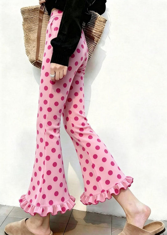 Organic Pink Ruffled Print Cotton Bell-bottom Trousers Summer
