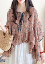 Load image into Gallery viewer, Organic Pink Ruffled Print Lace Up Cotton Shirts Half Sleeve