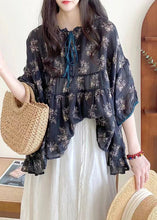 Load image into Gallery viewer, Organic Pink Ruffled Print Lace Up Cotton Shirts Half Sleeve