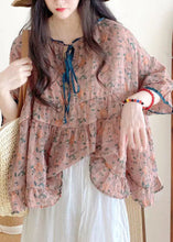 Load image into Gallery viewer, Organic Pink Ruffled Print Lace Up Cotton Shirts Half Sleeve