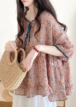 Load image into Gallery viewer, Organic Pink Ruffled Print Lace Up Cotton Shirts Half Sleeve