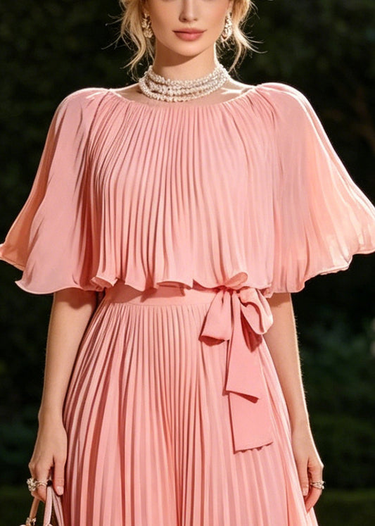 Organic Pink Tie Waist Wrinkled Chiffon Long Dresses Cloak Sleeves