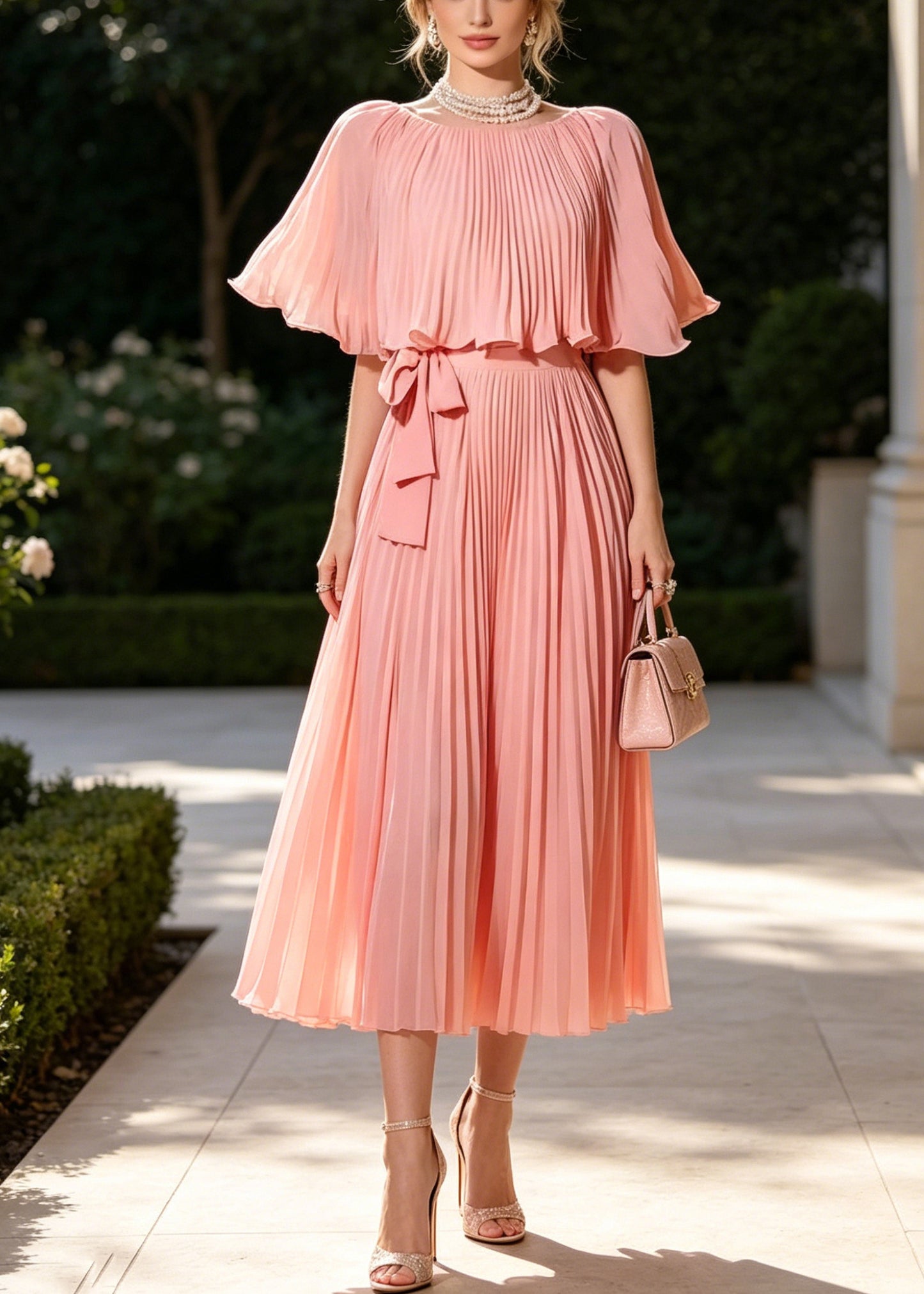 Organic Pink Tie Waist Wrinkled Chiffon Long Dresses Cloak Sleeves