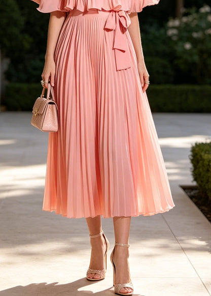 Organic Pink Tie Waist Wrinkled Chiffon Long Dresses Cloak Sleeves