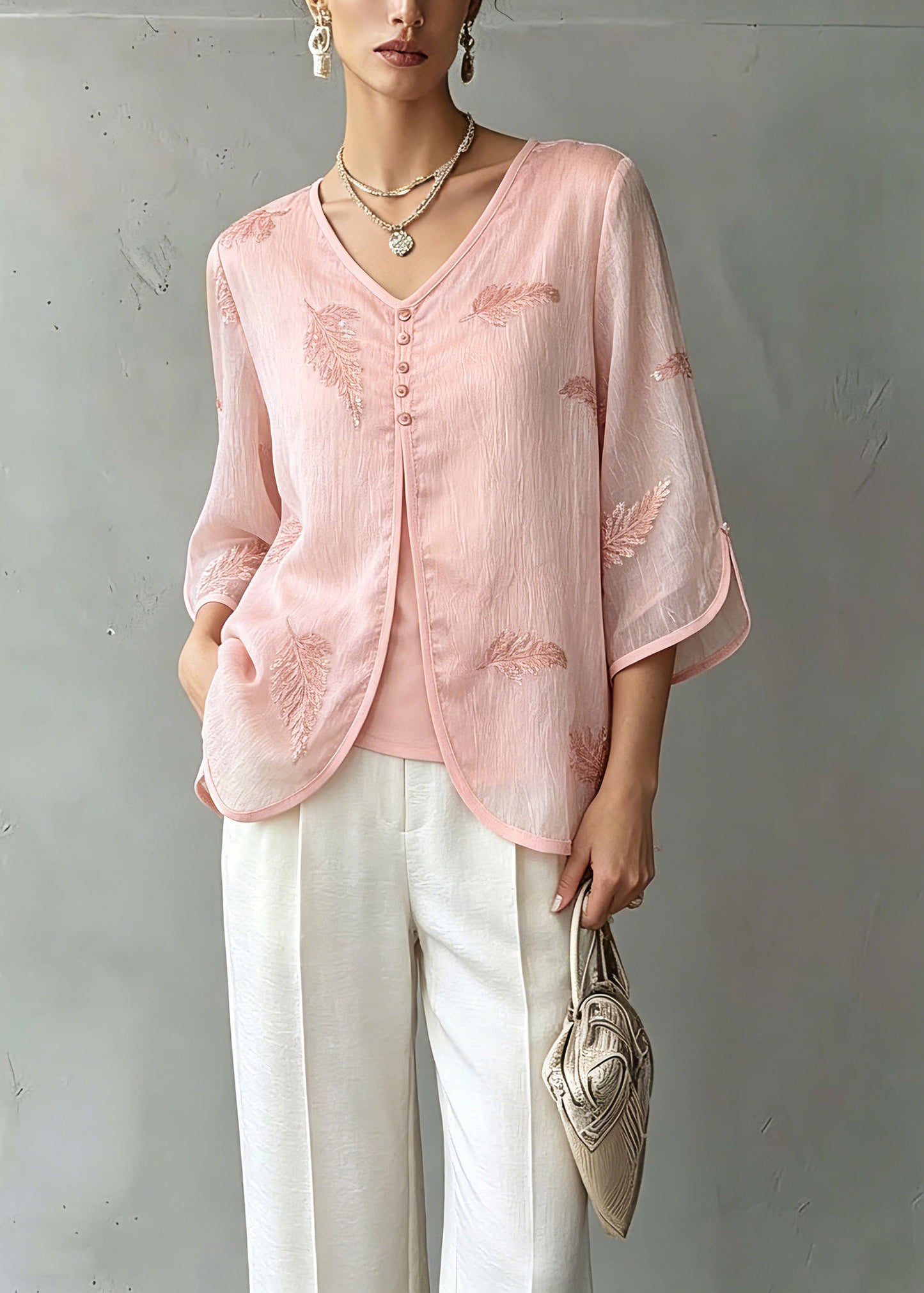 Organic Pink V Neck Print Chiffon Shirts Three Quarter Sleeve