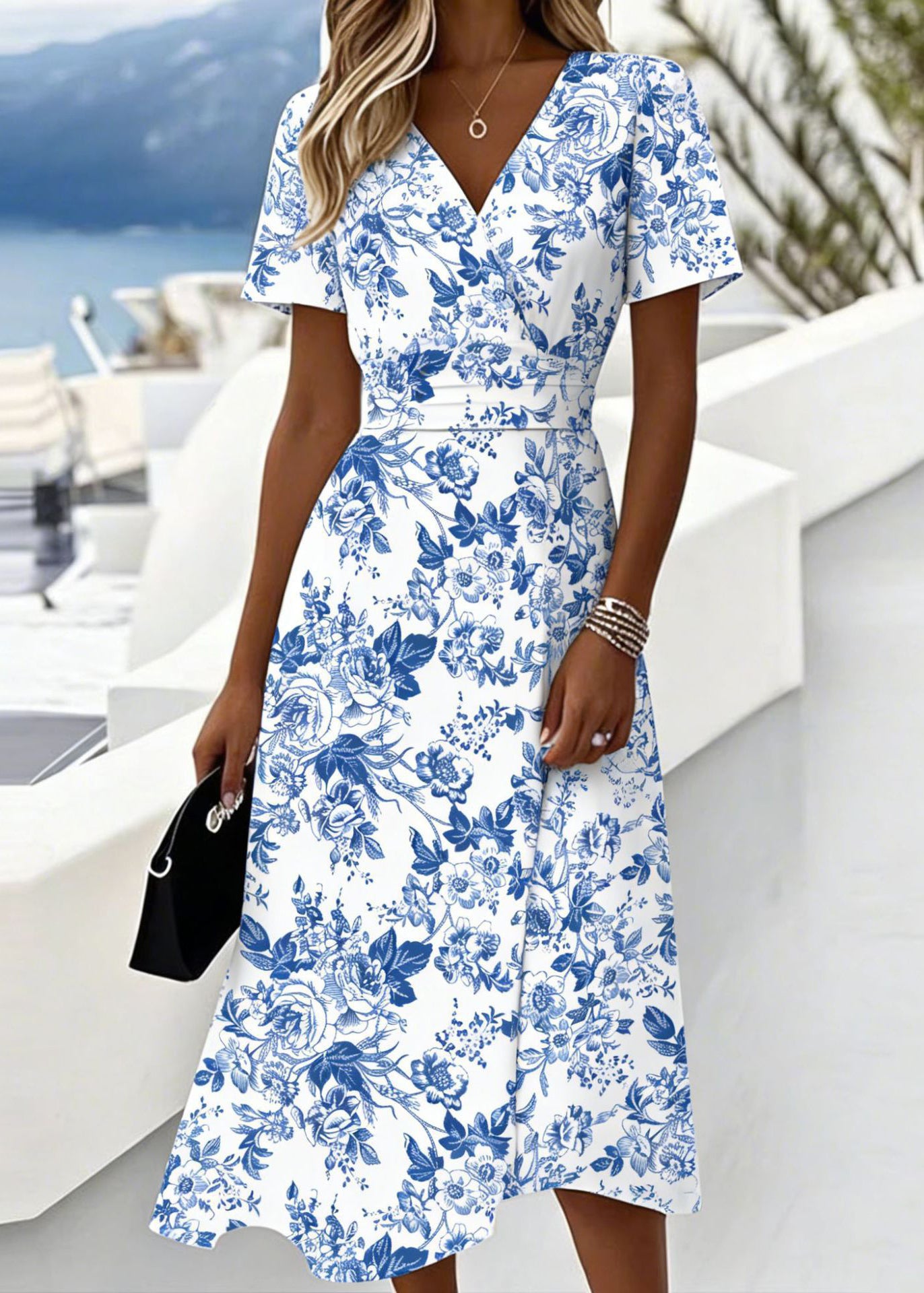 Organic Pink V Neck Print Chiffon Vacation Dresses Summer