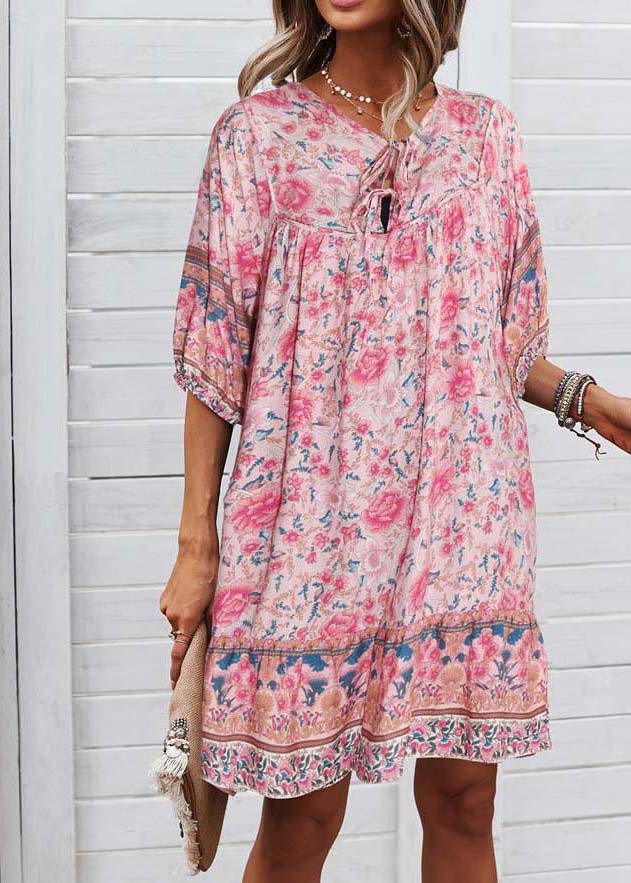 Organic Pink Wrinkled Patchwork Holiday Mid Dress Summer