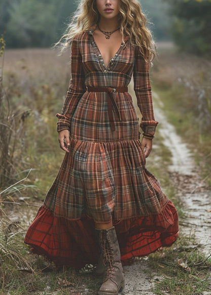 Organic Plaid Wrinkled Patchwork Cotton Long Dresses Spring