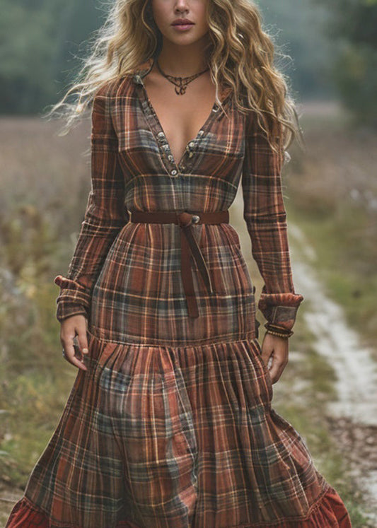 Organic Plaid Wrinkled Patchwork Cotton Long Dresses Spring