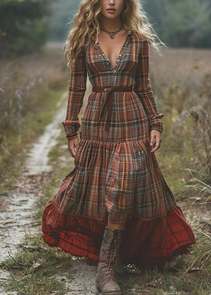 Organic Plaid Wrinkled Patchwork Cotton Long Dresses Spring