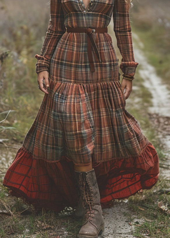 Organic Plaid Wrinkled Patchwork Cotton Long Dresses Spring