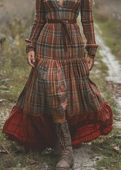 Organic Plaid Wrinkled Patchwork Cotton Long Dresses Spring