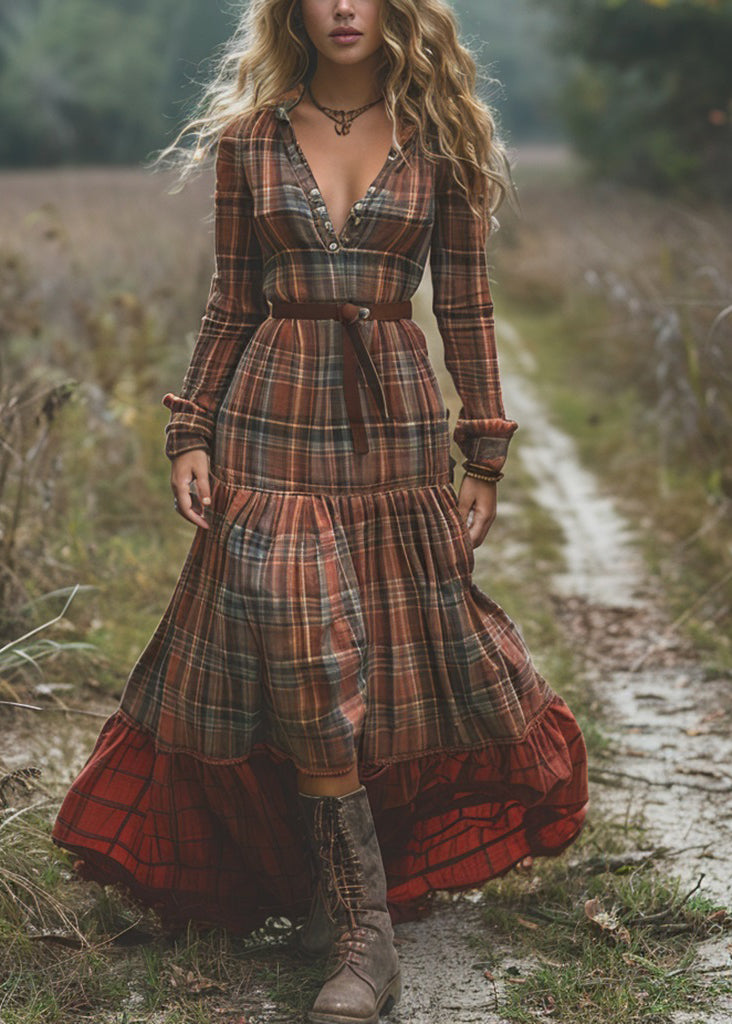 Organic Plaid Wrinkled Patchwork Cotton Long Dresses Spring