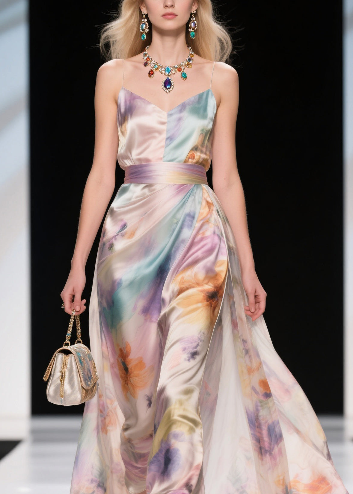 Organic Print Tunic Chiffon Long Spaghetti Strap Dresses Sleeveless