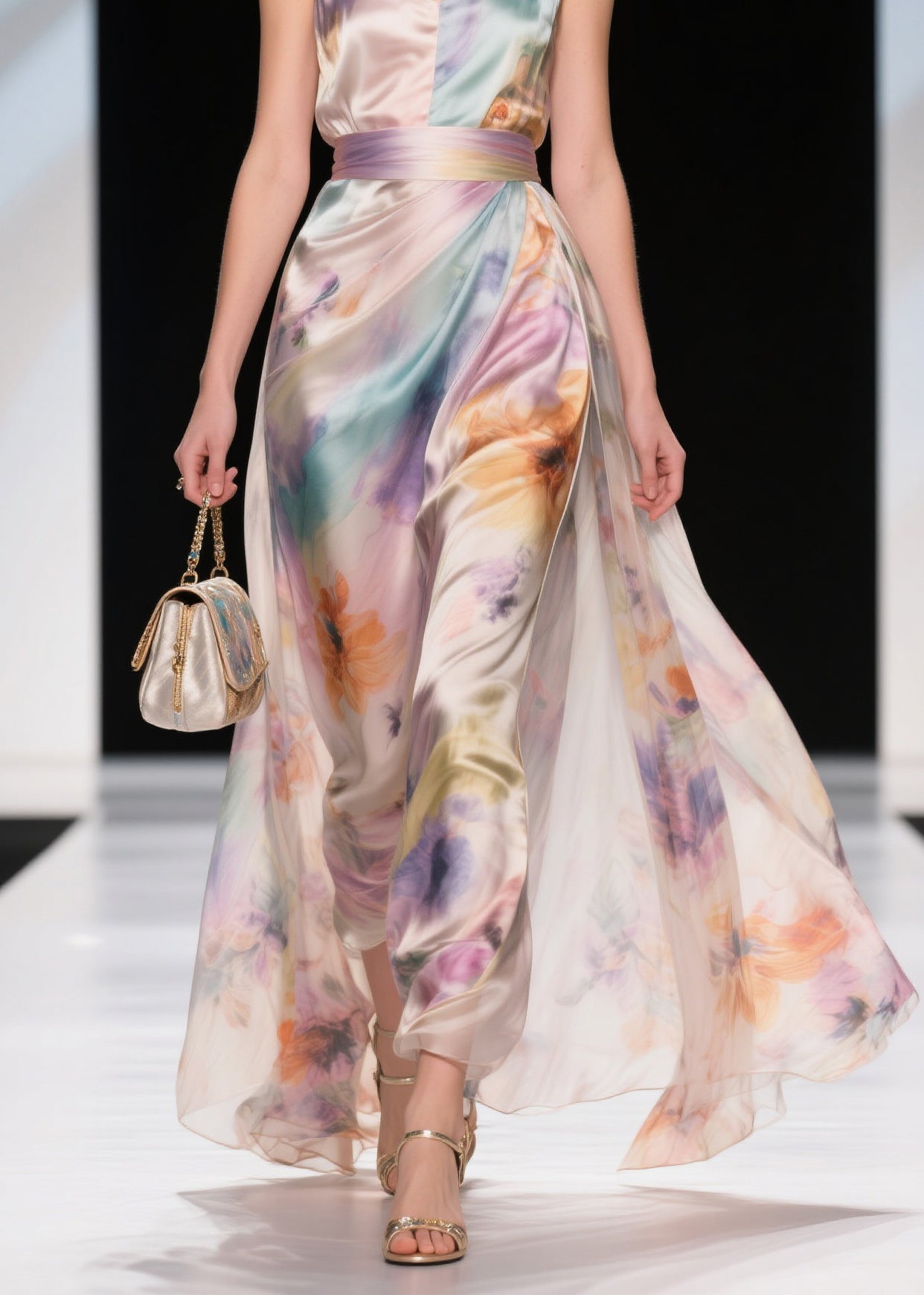 Organic Print Tunic Chiffon Long Spaghetti Strap Dresses Sleeveless
