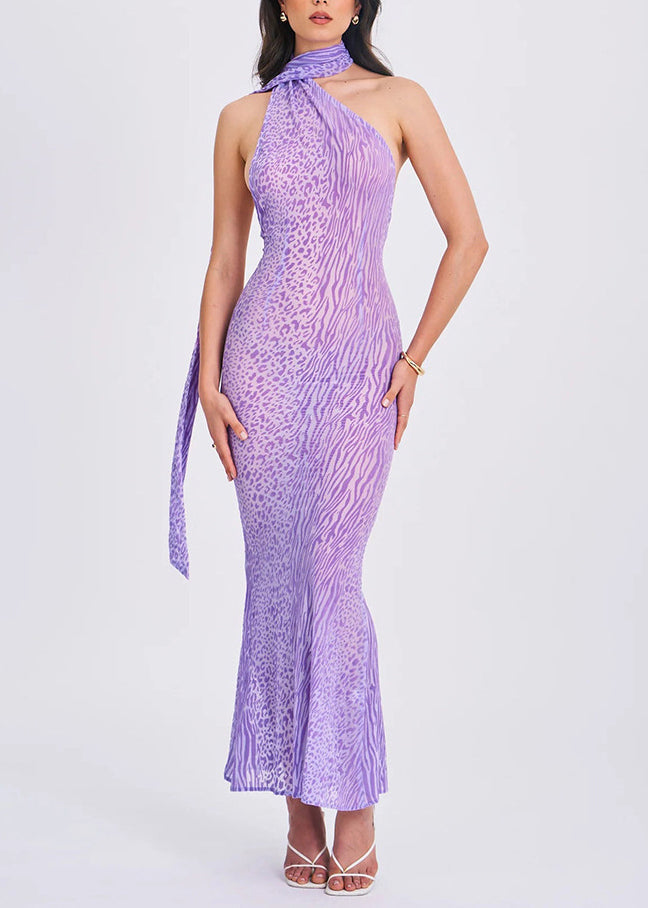 Organic Purple Leopard Print Cold Shoulder Tulle Long Dresses Summer