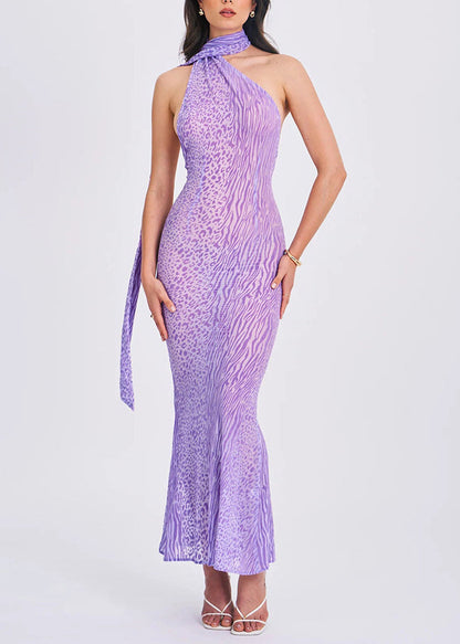 Organic Purple Leopard Print Cold Shoulder Tulle Long Dresses Summer