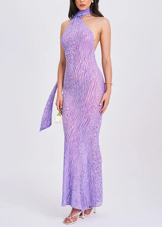 Organic Purple Leopard Print Cold Shoulder Tulle Long Dresses Summer