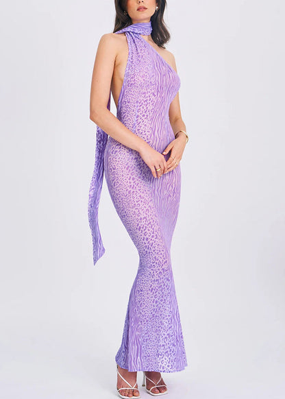 Organic Purple Leopard Print Cold Shoulder Tulle Long Dresses Summer