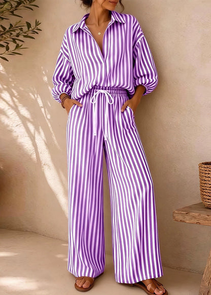 Organic Purple Oversized Striped Cotton Two Pieces Set Fall