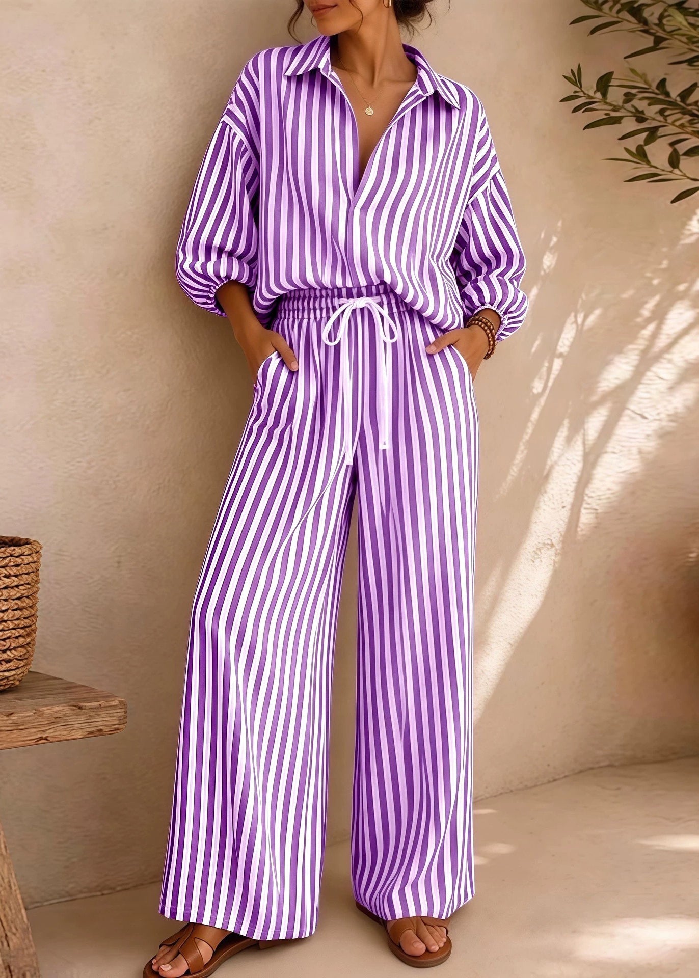 Organic Purple Oversized Striped Cotton Two Pieces Set Fall