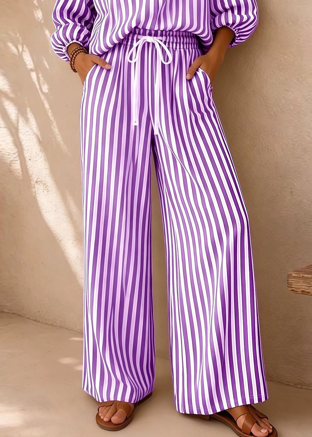 Organic Purple Oversized Striped Cotton Two Pieces Set Fall