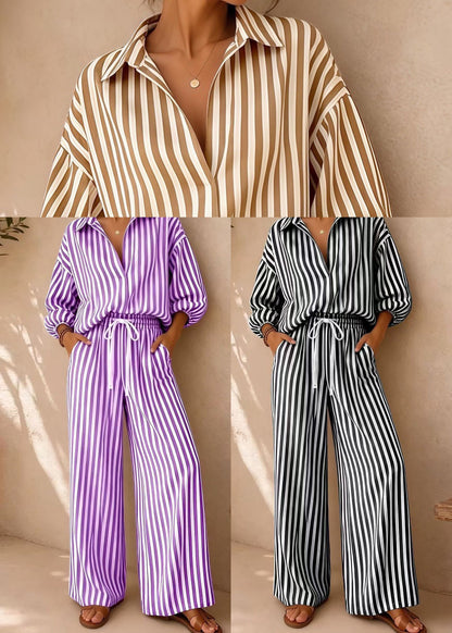 Organic Purple Oversized Striped Cotton Two Pieces Set Fall