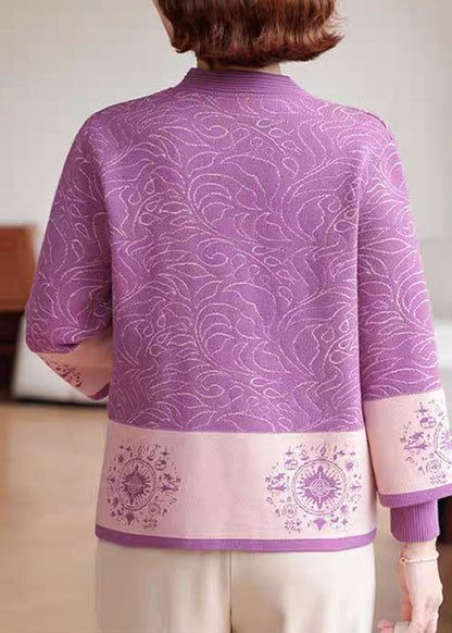 Organic Purple Patchwork Knit Cardigans And Sweaters Two Pieces Set Three Quarter Sleeve