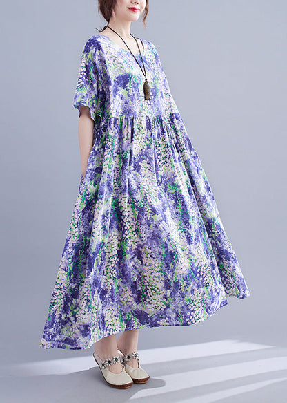 Organic Purple Print Patchwork Cotton Long Dresses Summer