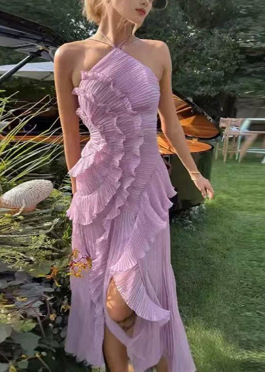 Organic Purple Ruffled Side Open Wrinkled Chiffon Hatle Dress Summer