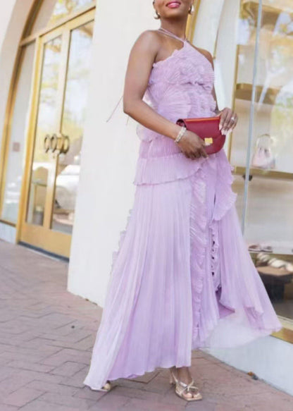 Organic Purple Ruffled Side Open Wrinkled Chiffon Hatle Dress Summer