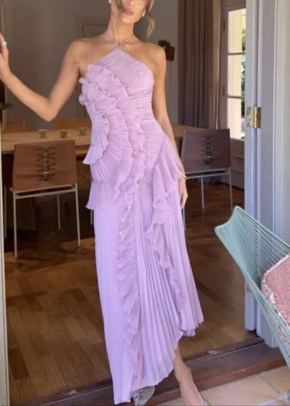 Organic Purple Ruffled Side Open Wrinkled Chiffon Hatle Dress Summer