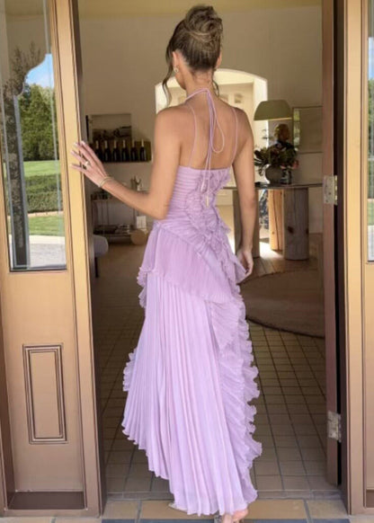 Organic Purple Ruffled Side Open Wrinkled Chiffon Hatle Dress Summer