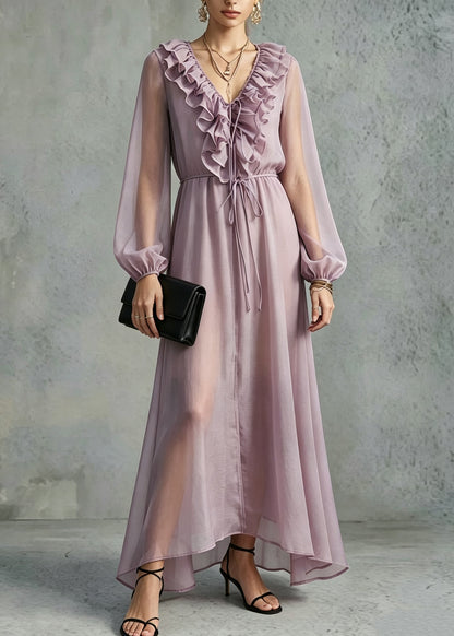 Organic Purple Tie Lace Ruffled Silk Maxi Dresses Lantern Sleeve