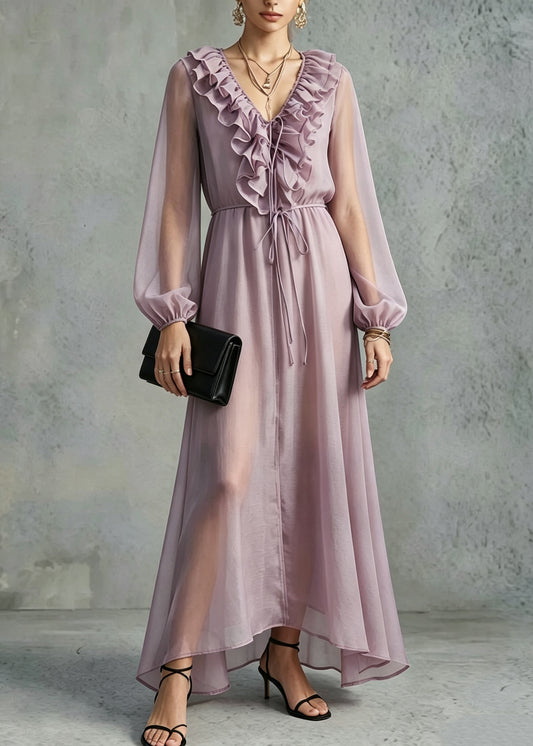 Organic Purple Tie Lace Ruffled Silk Maxi Dresses Lantern Sleeve