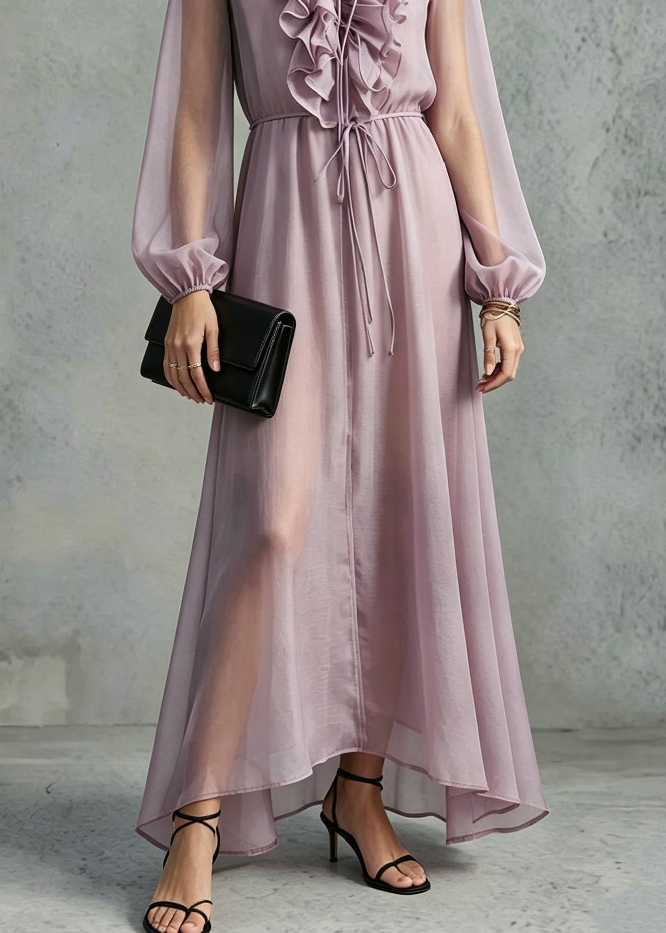 Organic Purple Tie Lace Ruffled Silk Maxi Dresses Lantern Sleeve