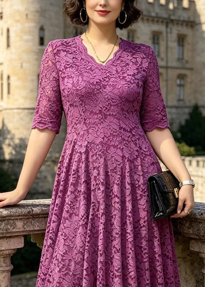 Organic Purple V Neck Floral Lace Long Dress Summer
