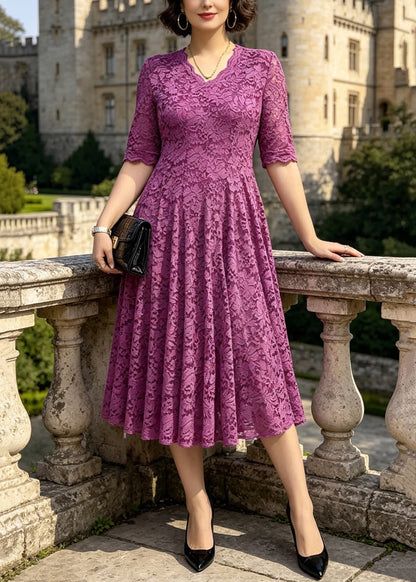 Organic Purple V Neck Floral Lace Long Dress Summer