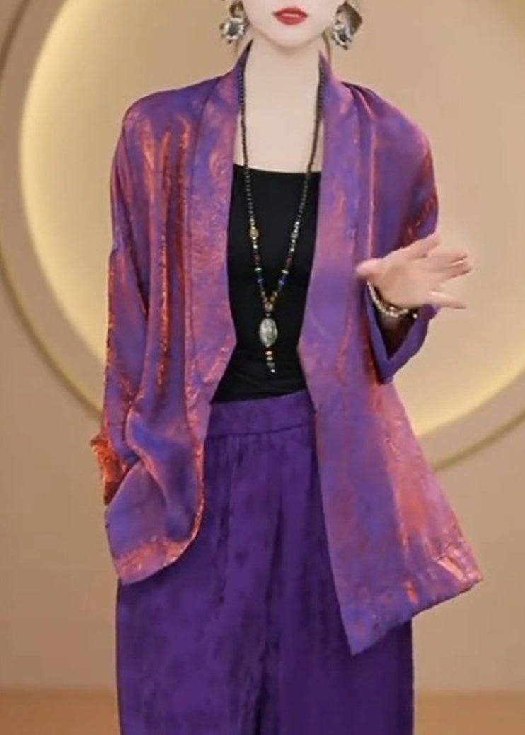 Organic Purple V Neck Jacquard Silk Cardigan Fall