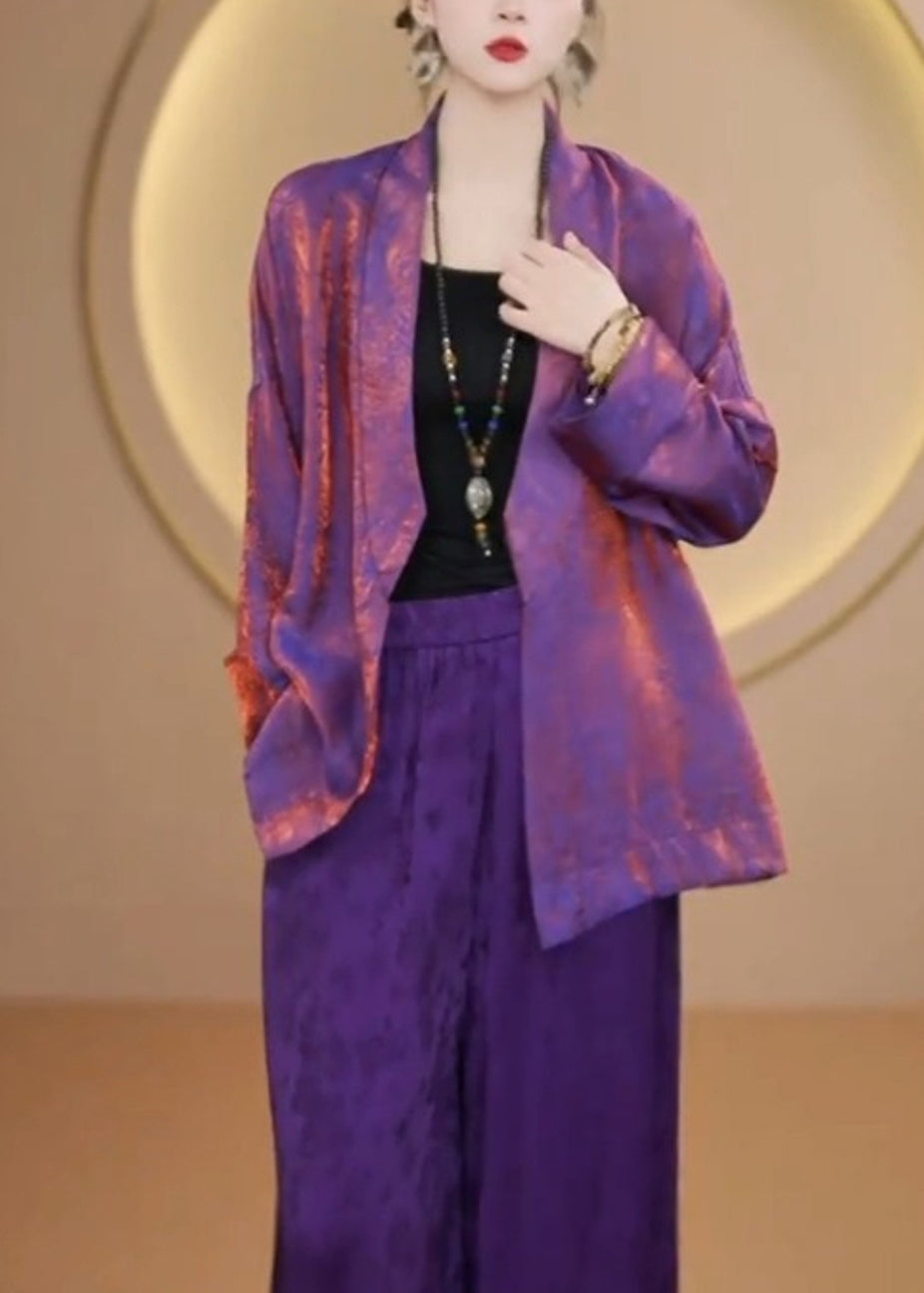 Organic Purple V Neck Jacquard Silk Cardigan Fall