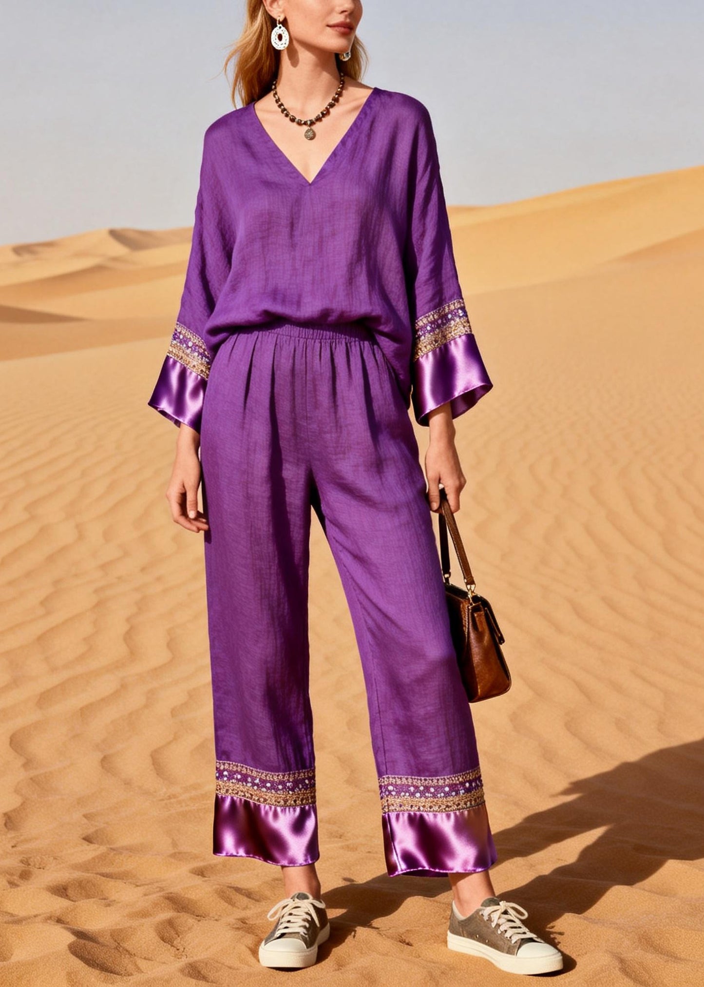 Organic Purple V Neck Patchwork Silk Cotton Two Piece Set Spring