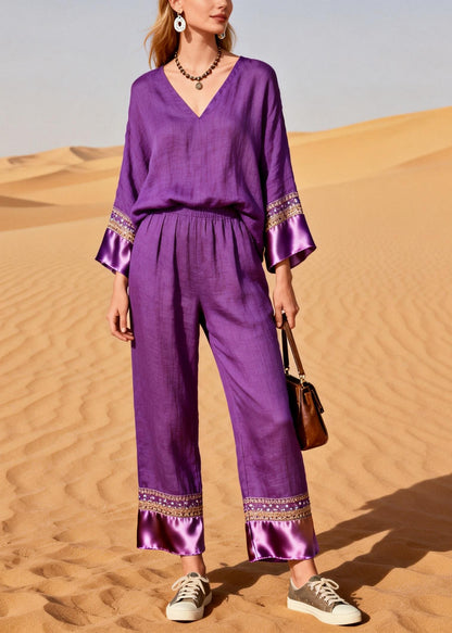 Organic Purple V Neck Patchwork Silk Cotton Two Piece Set Spring