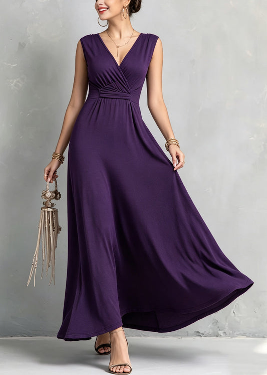 Organic Purple V Neck Patchwork Solid Long Dress Sleeveless