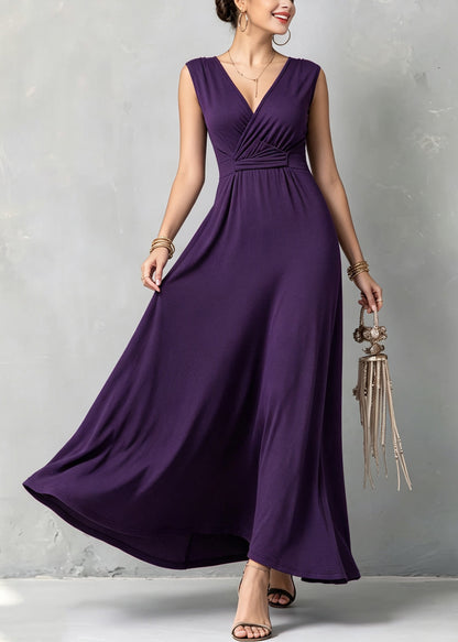 Organic Purple V Neck Patchwork Solid Long Dress Sleeveless