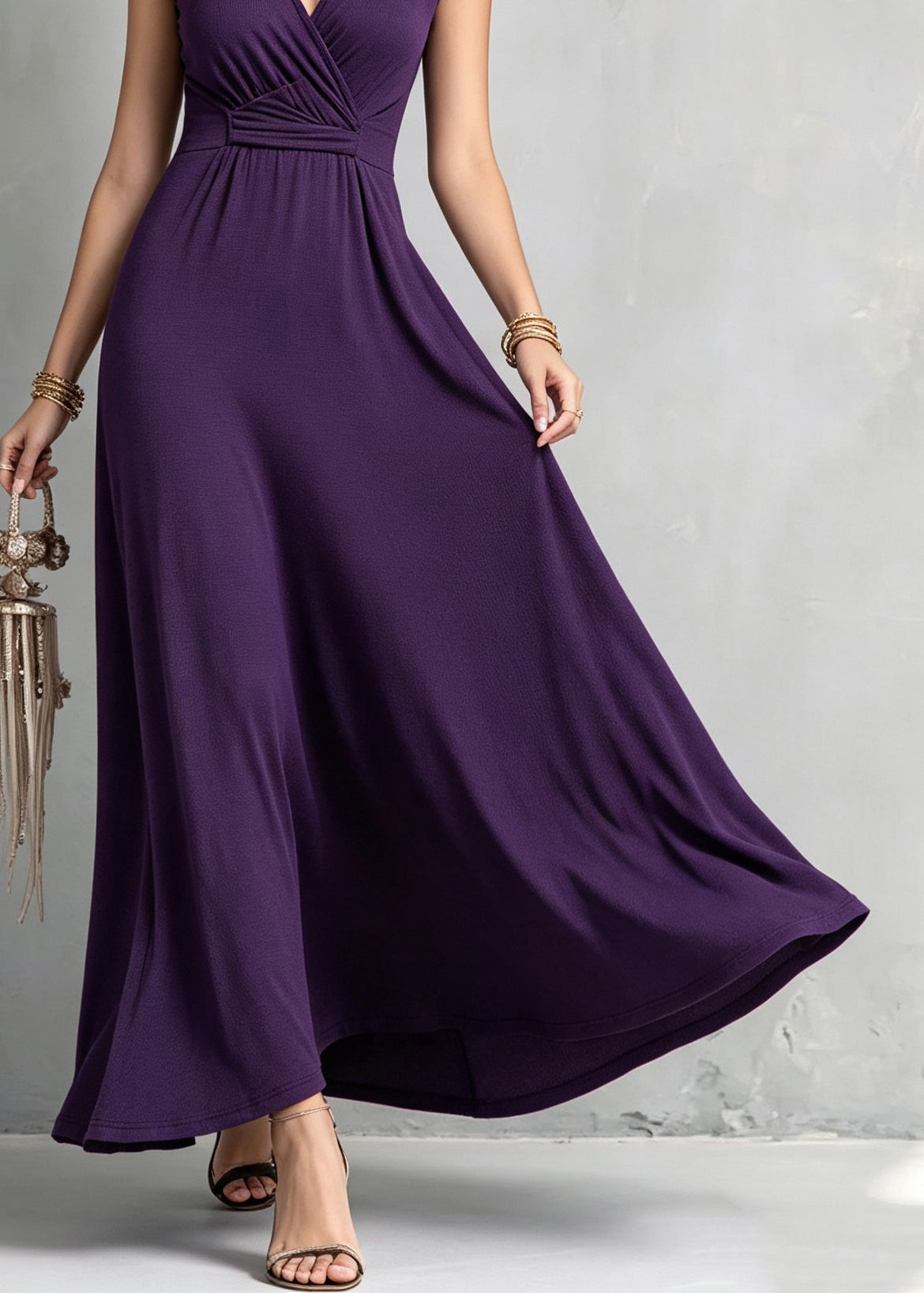 Organic Purple V Neck Patchwork Solid Long Dress Sleeveless