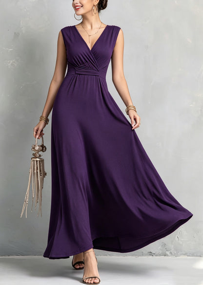 Organic Purple V Neck Patchwork Solid Long Dress Sleeveless