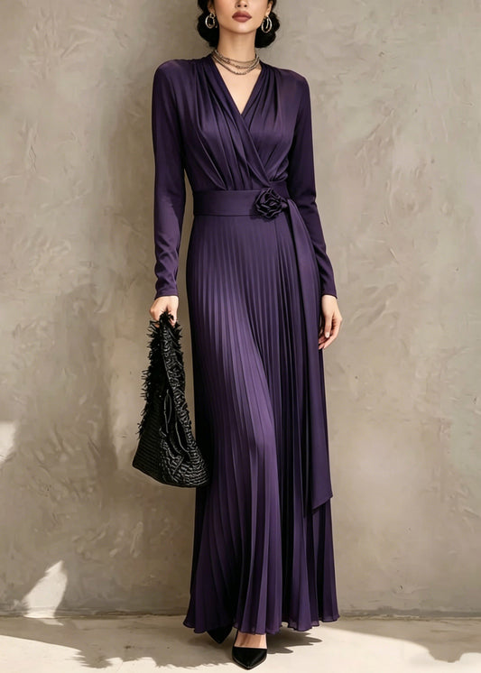 Organic Purple V Neck Tunic Solid Maxi Dress Fall