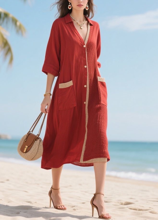 Organic Red Asymmetrical Patchwork Cotton Maxi Dresses Half Sleeve